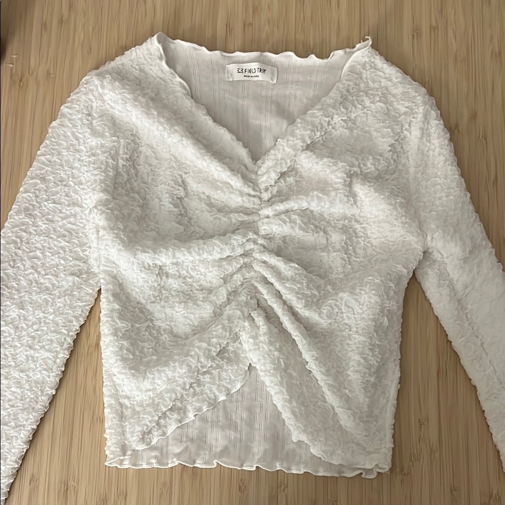 White Textured scrunched cropped longsleeve